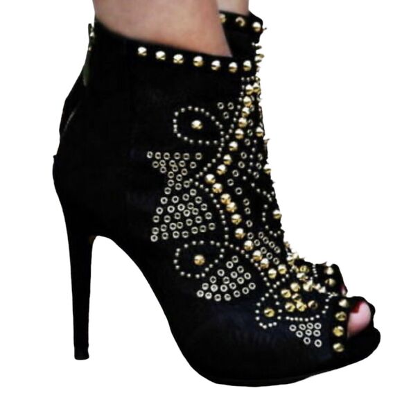 Zara Woman Black Leather Studded Spikes Peep Toe Ankle Boots EU 37 - Picture 2 of 7